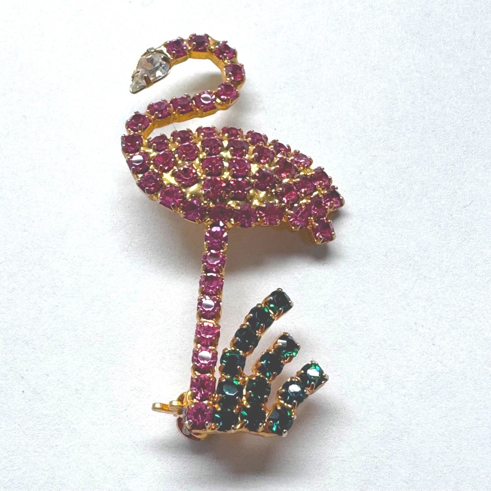Vintage Pink Rhinestone Flamingo Brooch Gold Tone Tropical Bird Pin 1.75"